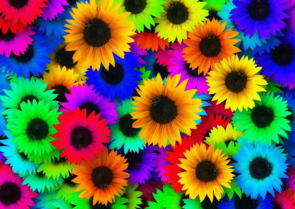 Pop art style collage of brightly colored sunflowers, each flower petal colored in a vivid rainbow hue