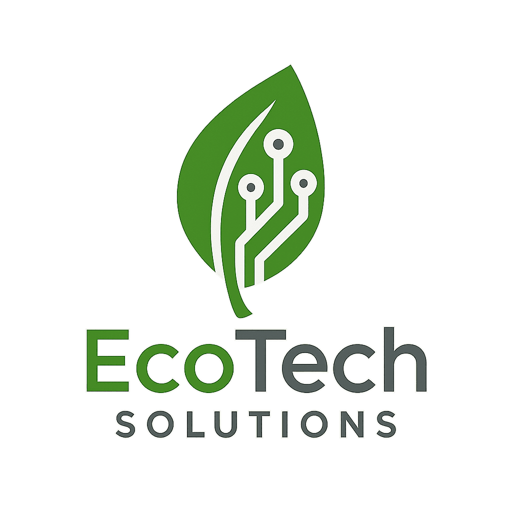 Professional green and gray logo for EcoTech Solutions, integrating a leaf and circuit design, with the company name in a sleek sans-serif font