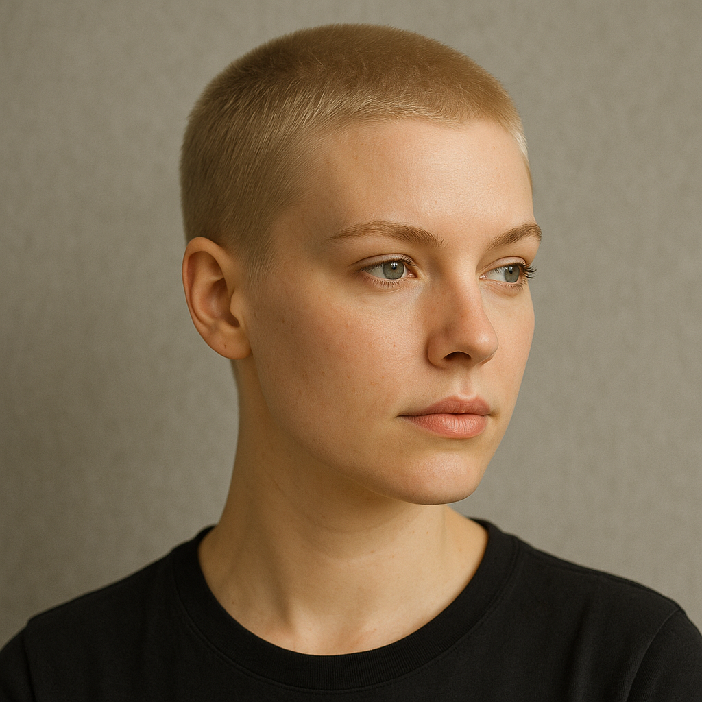 Show me a long buzz cut style on a blonde woman