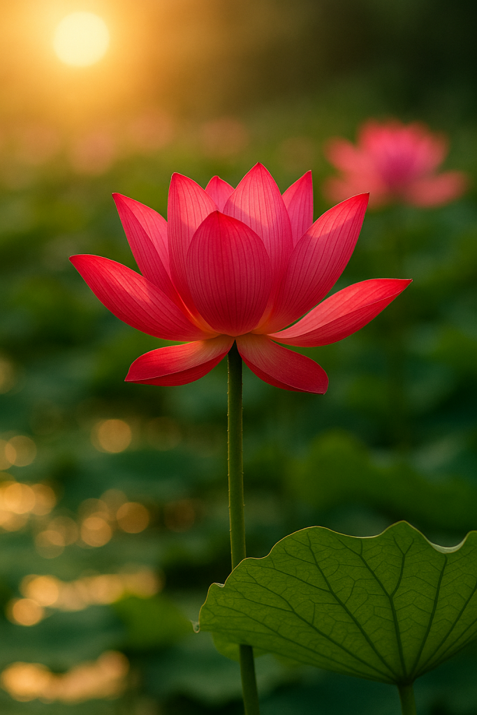The lotus flowers are particularly red in the sunlight