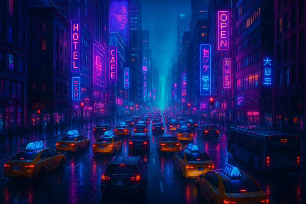 Transform the photo into a cyberpunk scene neon signs, rain-soaked streets, futuristic atmosphere