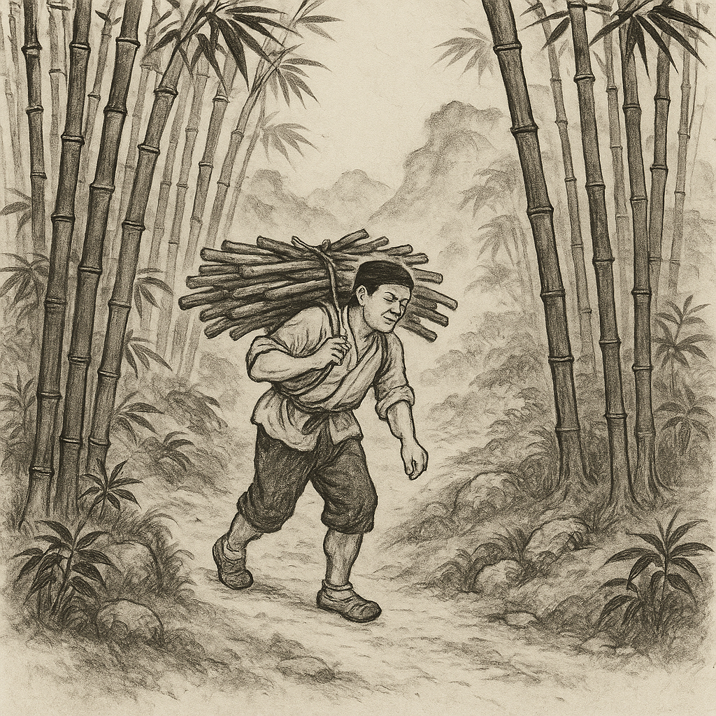 Turn the image into a Chinese ink painting with bamboo and mountains, using black ink on rice paper style