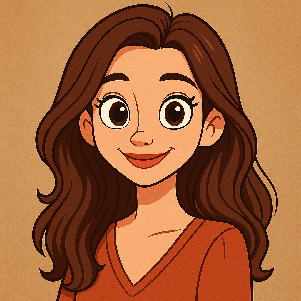 Turn this portrait into a colorful cartoon character with big eyes and a friendly smile