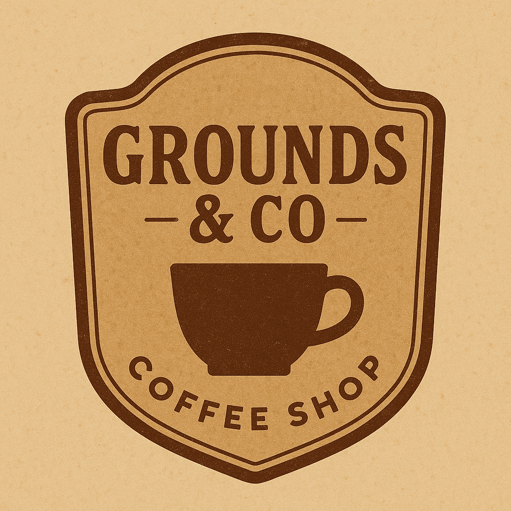 Vintage badge logo for a coffee shop called Grounds & Co, including a coffee cup silhouette and warm brown tones