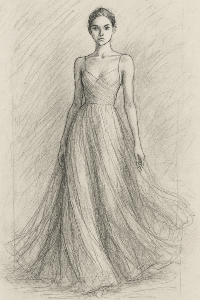 a female model wearing a flowing evening gown, rough pencil sketch