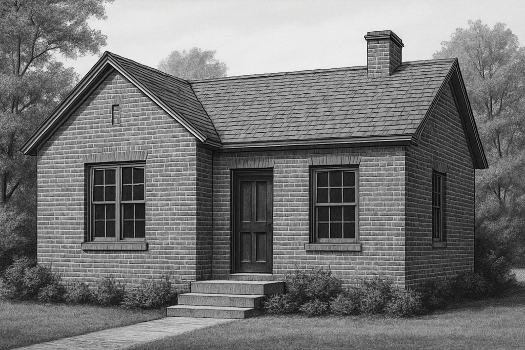 a house based on this black-and-white line drawing, with brick walls and a sloped roof