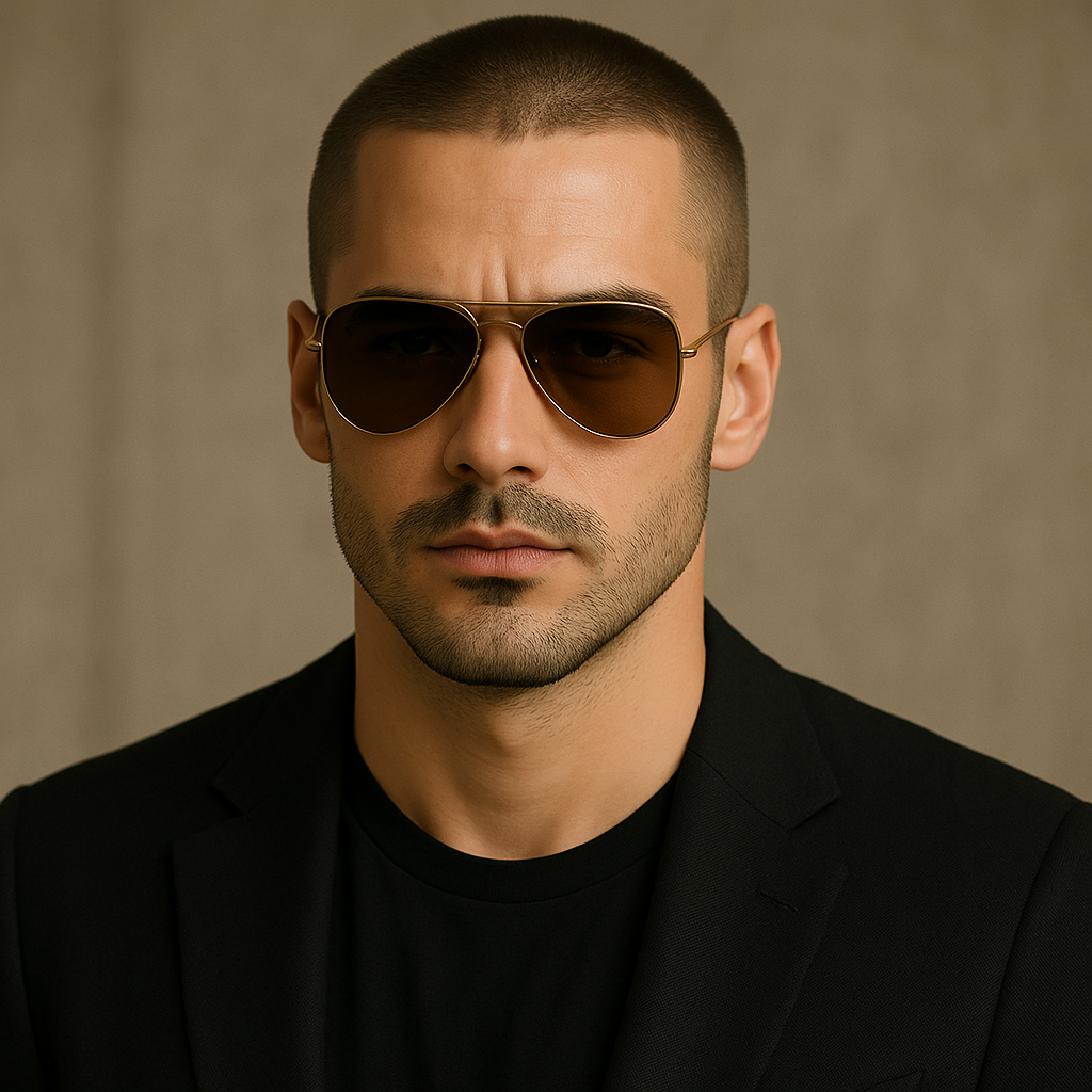 a man with a buzz cut hairstyle like Brad Pitt’s buzz cut, wearing aviator sunglasses