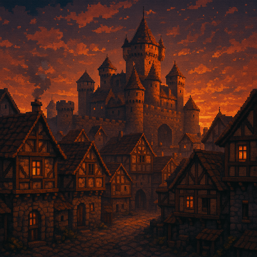a medieval town pixel art