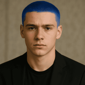 bright blue buzz cut hairstyle on teen boy
