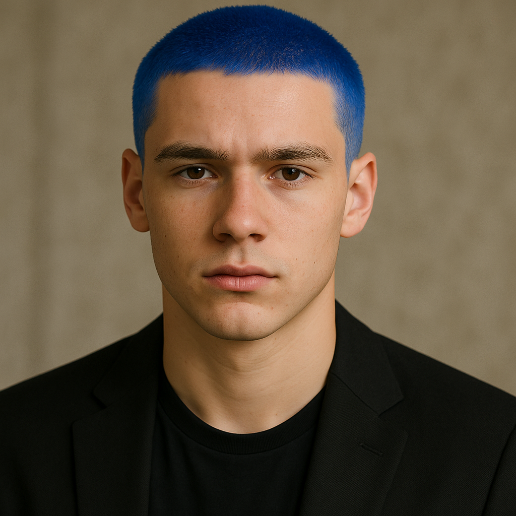 bright blue buzz cut hairstyle on teen boy