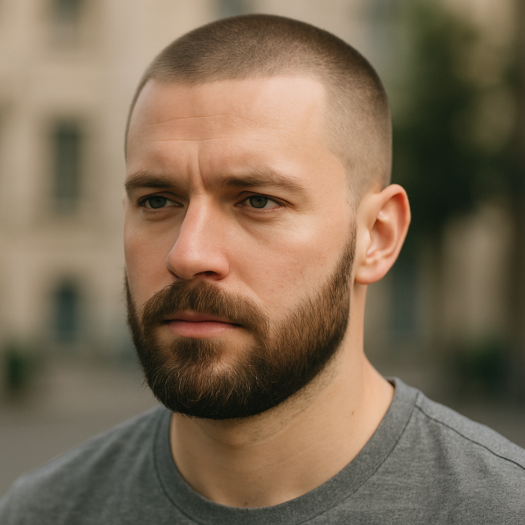buzz cut hairstyle on a 30-year-old man with a beard