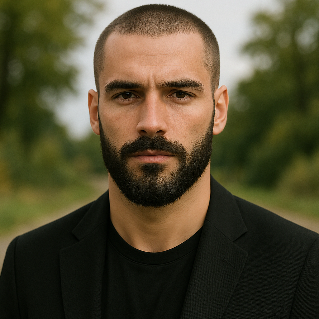 light stubble buzzcut hair with long beard, outdoors
