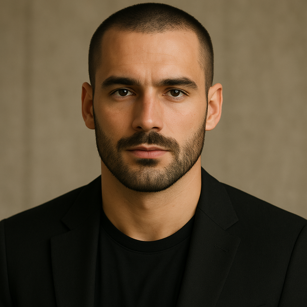 man with buzz cut and full beard