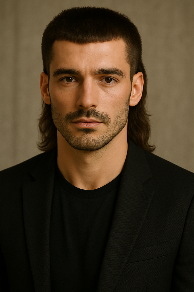 mullet buzz cut hybrid hairstyle – short buzzed front, long hair back, 1980s vibes