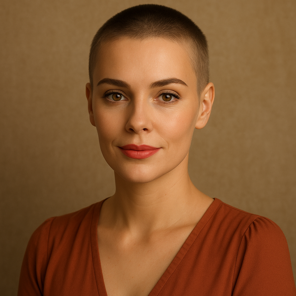 woman with a buzz cut, Charlize Theron style, elegant makeup