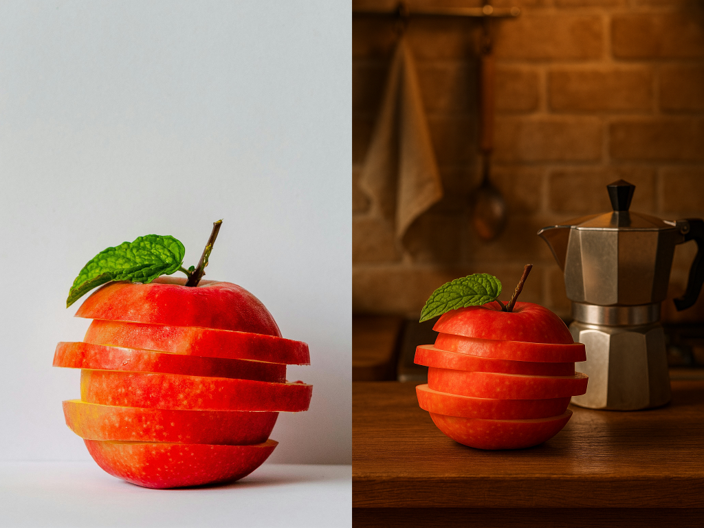 A cozy kitchen scene with warm lighting, featuring apple on a wooden countertop next to a coffee pot, photorealistic.