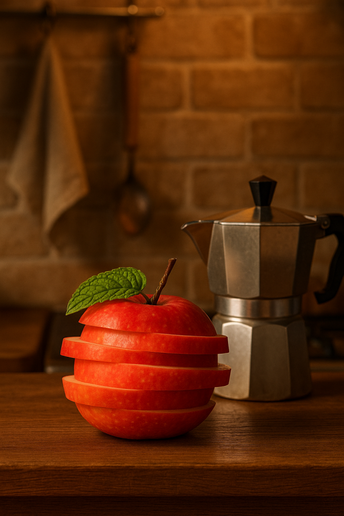 A cozy kitchen scene with warm lighting, featuring apple on a wooden countertop next to a coffee pot, photorealistic.