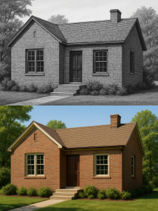 A photorealistic image of a house based on this black-and-white line drawing