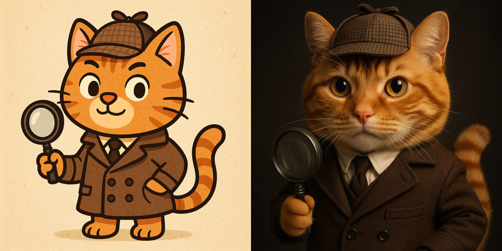 A photorealistic portrait of a cartoon orange tabby cat wearing detective clothes