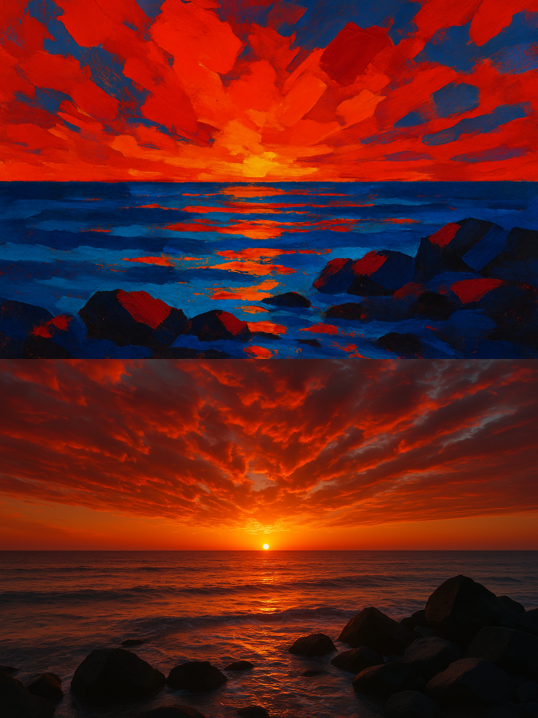 A photorealistic scene inspired by this abstract painting with bold red and blue shapes imagine it as a fiery sunset over the ocean