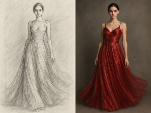 A realistic photo of a female model wearing a flowing evening gown