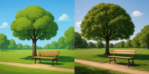 A realistic photograph of a park scene based on this minimalist flat illustration of a tree and bench