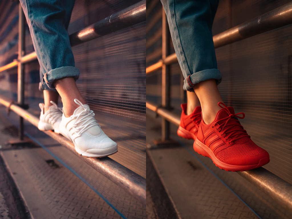 Change the color of the sneakers in this image to red