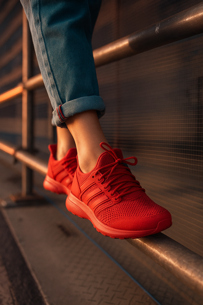Change the color of the sneakers in this image to red