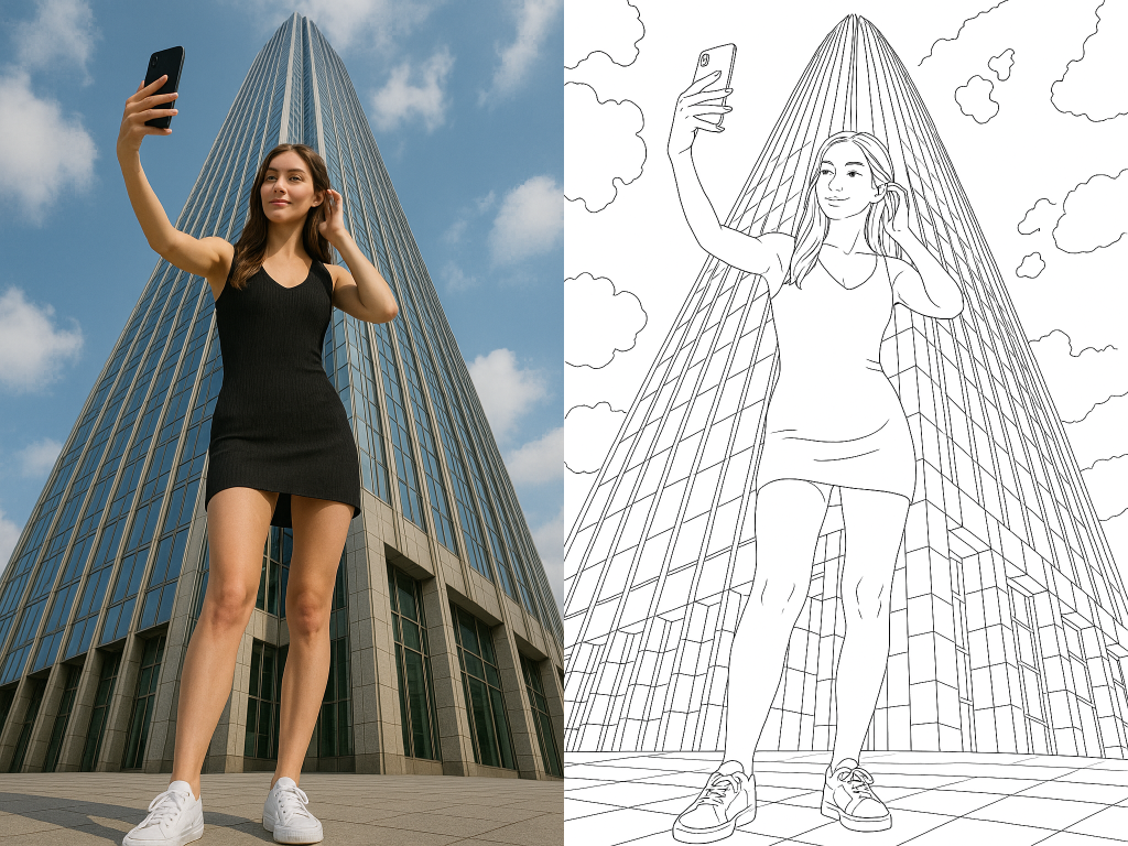 Convert the photo into black-and-white line art, with bold clean outlines and no color