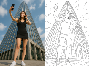 Convert the photo into black-and-white line art, with bold clean outlines and no color