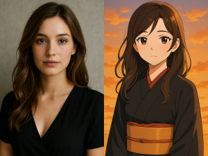 Convert this photo into an anime illustration of a Japanese girl in a kimono at sunset, with soft shading