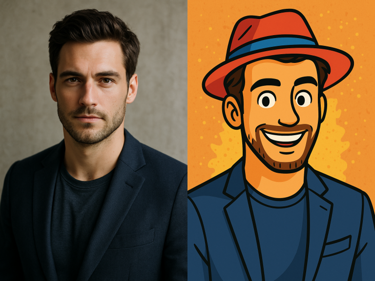 Create a cartoon-style drawing of a smiling person with a hat, bright colors and bold outlines