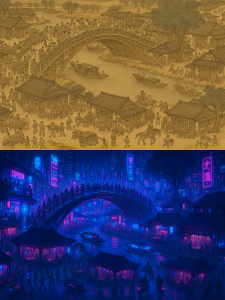 Create a night cityscape with a cyberpunk aesthetic (blue and pink neon, high-tech elements)