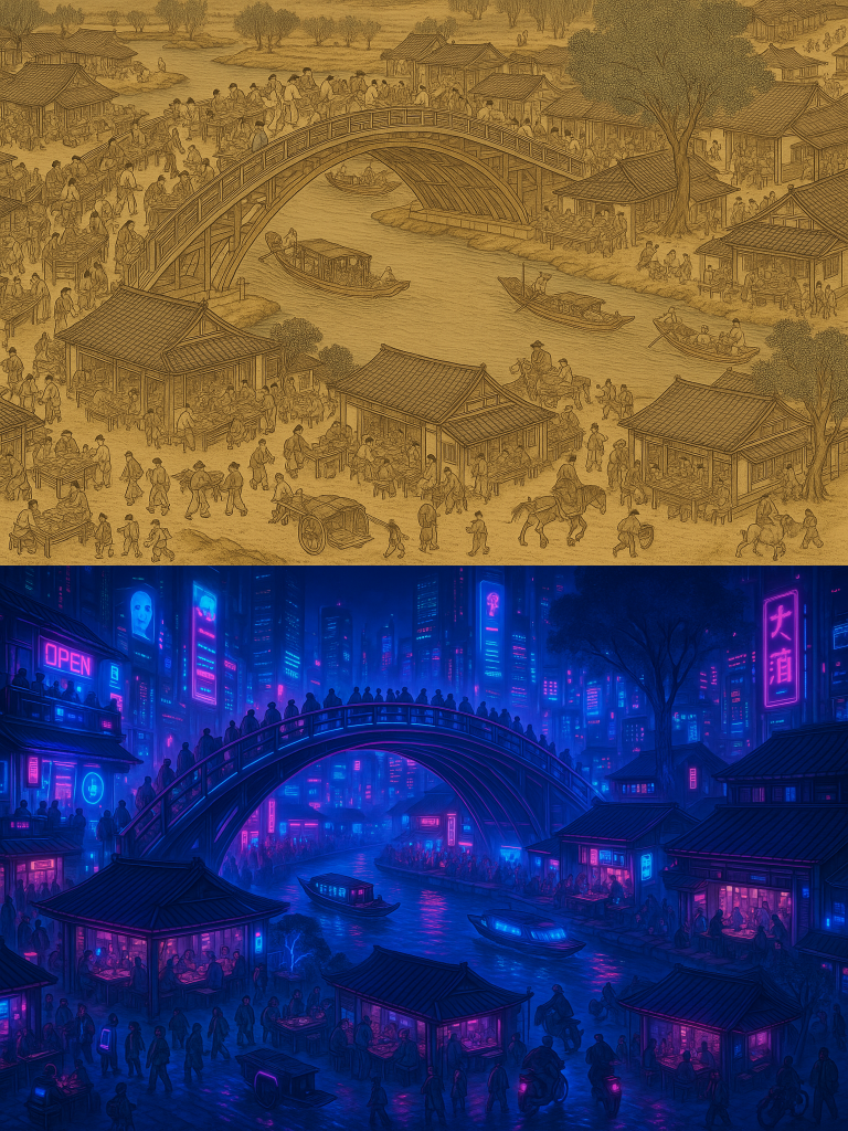 Create a night cityscape with a cyberpunk aesthetic (blue and pink neon, high-tech elements)