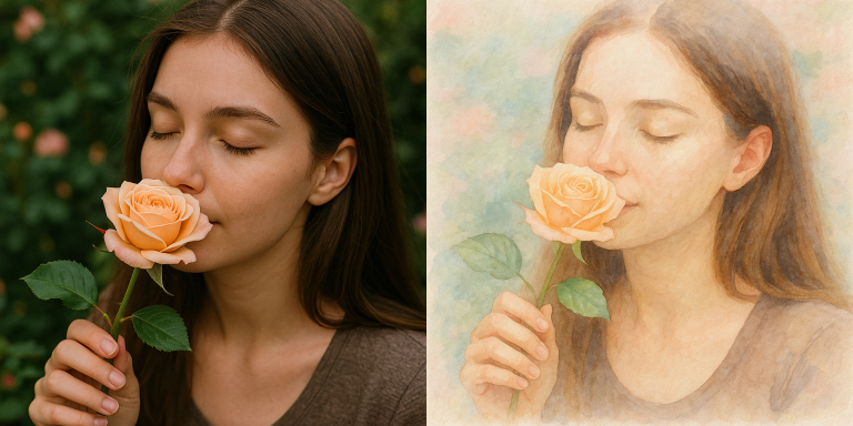 Create a soft watercolor portrait of the subject, using pastel colors on textured paper