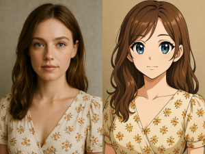 Create a vibrant anime-style drawing of the subject, big shiny eyes and detailed hair