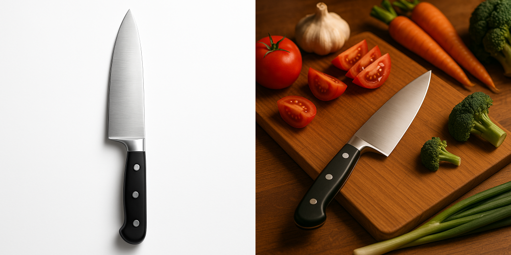 Kitchen scene with warm lighting featuring the same chef’s knife on a wooden cutting board next to vegetables