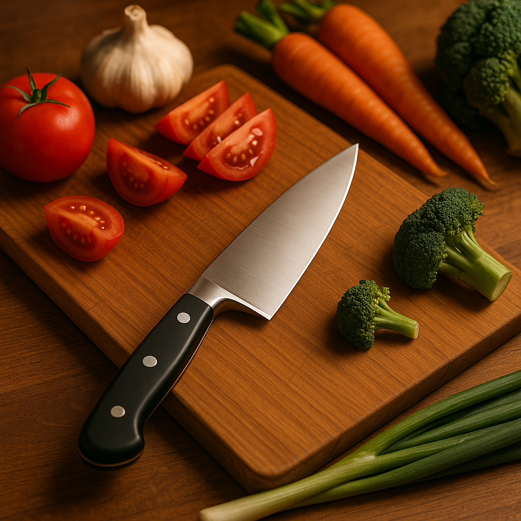 Kitchen scene with warm lighting featuring the same chef’s knife on a wooden cutting board next to vegetables