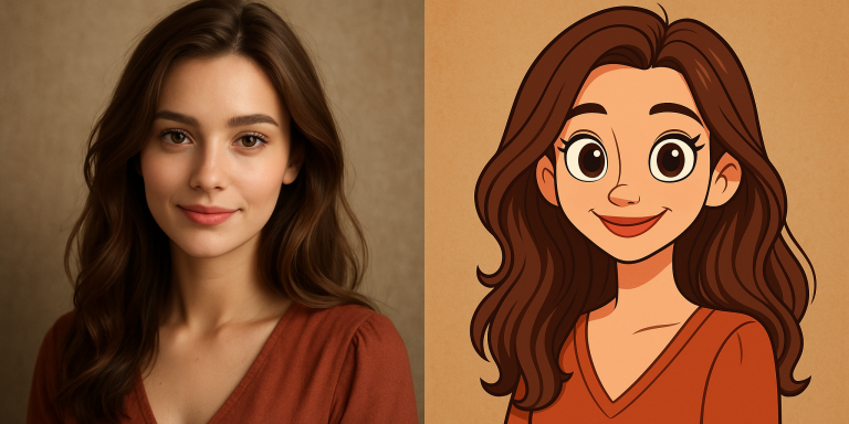 Turn this portrait into a colorful cartoon character with big eyes and a friendly smile