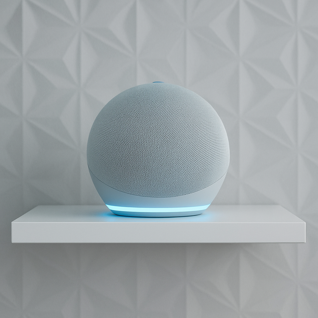 eye-level view of speaker on a shelf