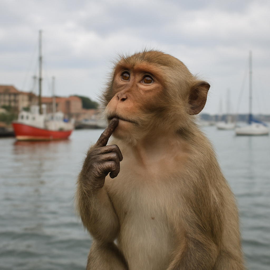 A monkey standing in front of a harbor, looking up thoughtfully with one finger in its mouth as if deep in thought